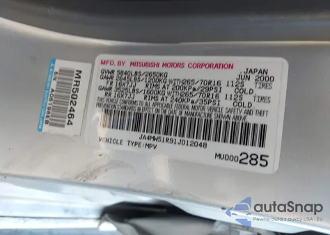 2001 Mitsubishi Montero Limited z USA, uszkodzony, nr VIN JA4MW51R91J012048
